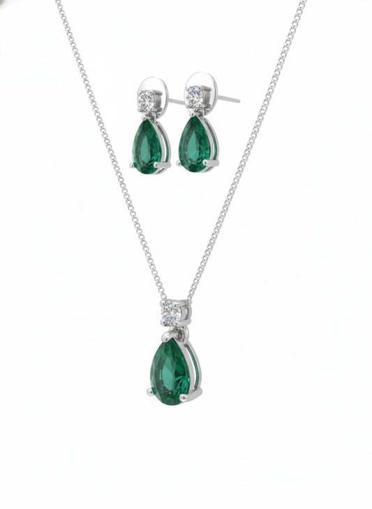Verdant Teardrop Harmony Stone Set – 18K White Gold Rhodium Plated
