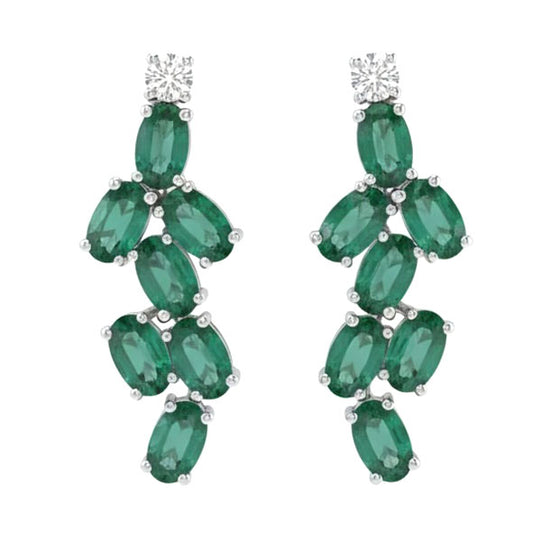 Leaffall Diamond Earrings in 18K White Gold Rhodium Finish with Emerald