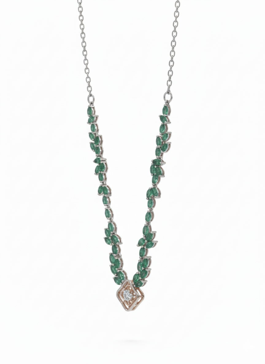 Green Leaf Garland Diamond Necklace -18K White Gold Rhodium Plated