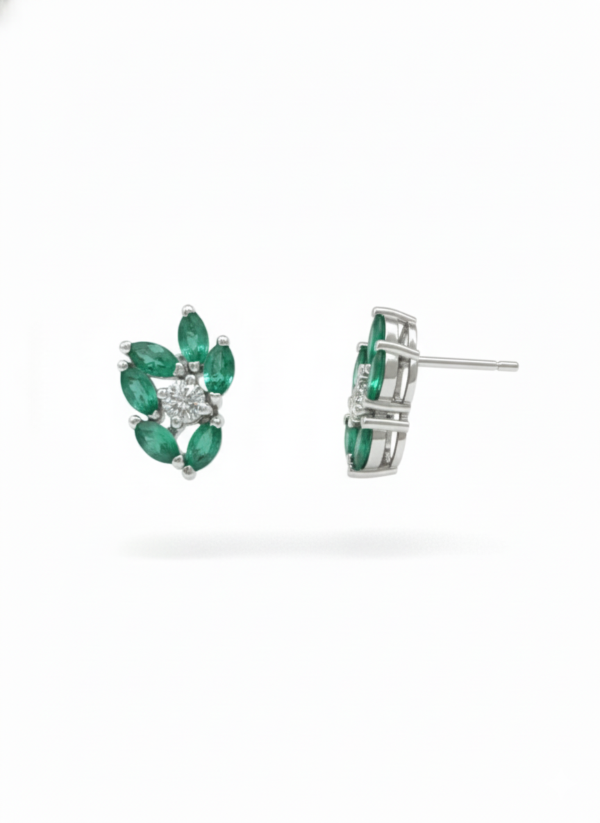 Elaris Emerald Bloom Diamond Earrings -18K White Gold Rhodium Plated