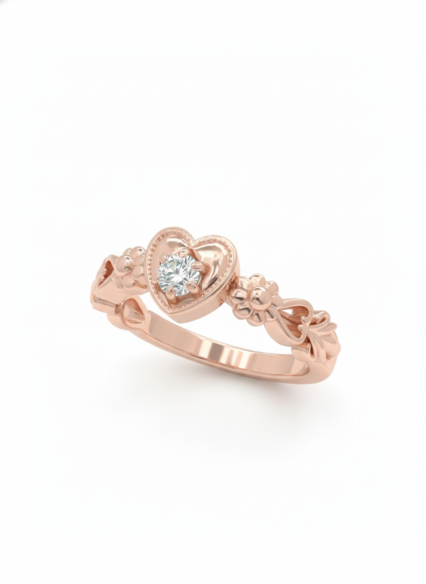 Rosette Heart Bloom Ring – 18K Rose Gold Rhodium Plated