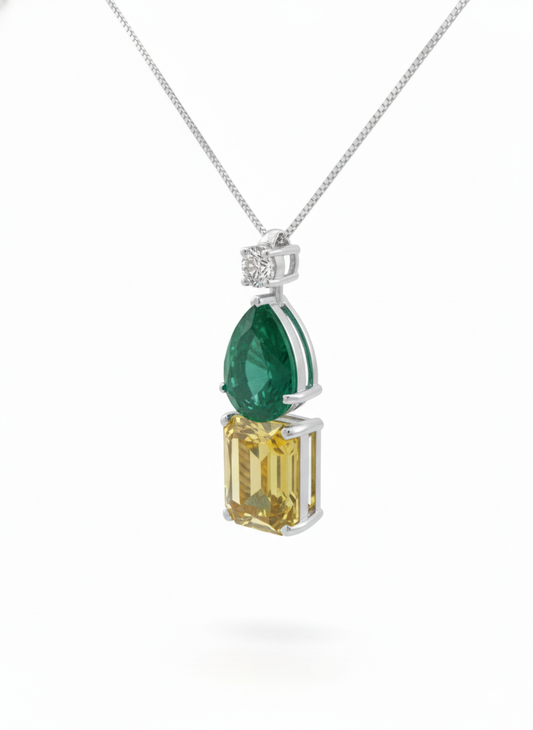 Tricolour Harmony Diamond Pendant with Chain-18K White Gold Rhodium Plated