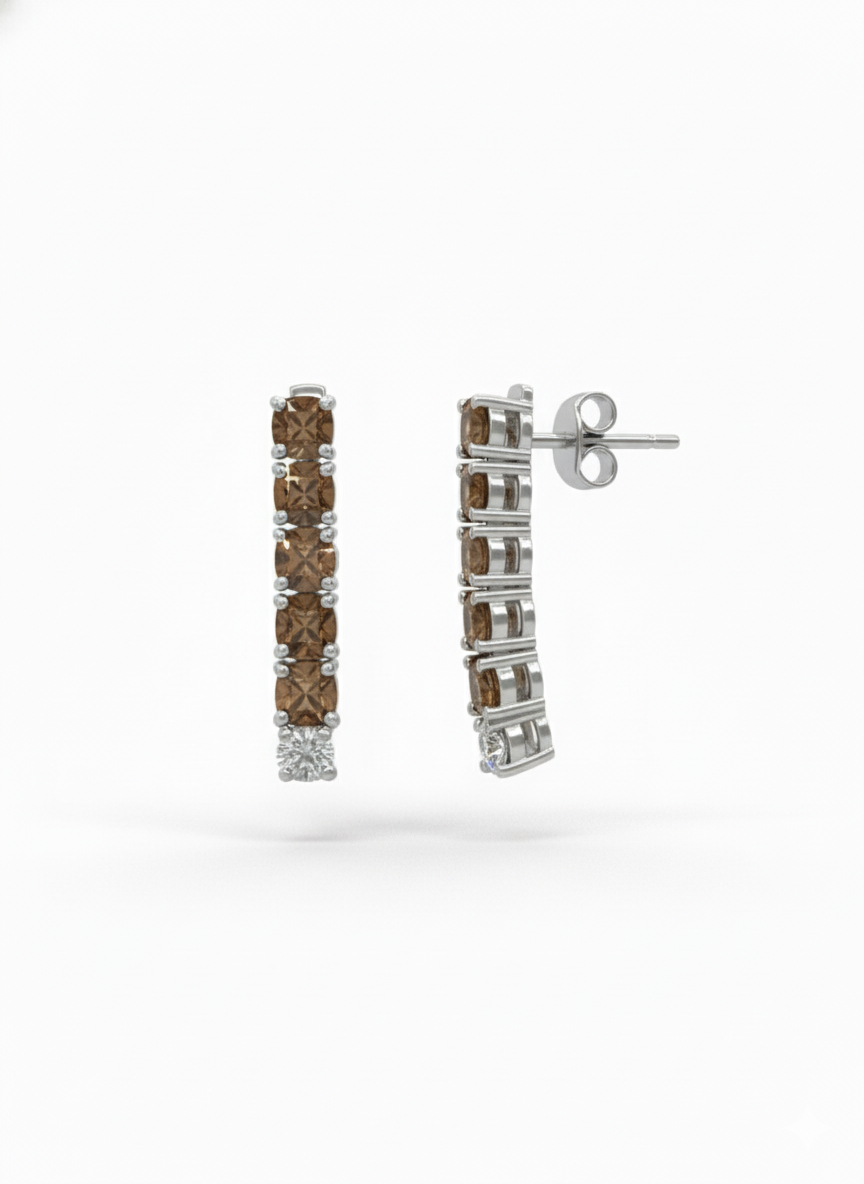 Aureline Mocha Beam Diamond Earrings- 18K White Gold Rhodium-Plated with colorstones
