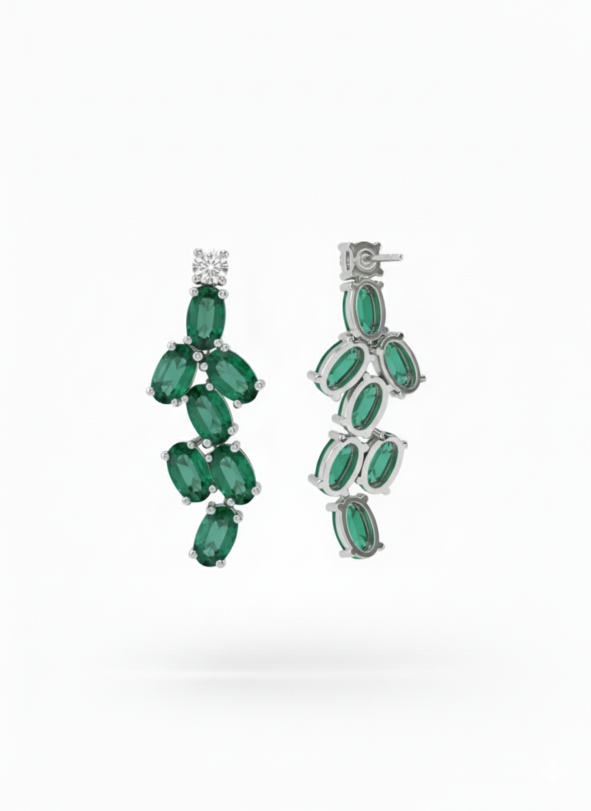 Leaffall Diamond Earrings in 18K White Gold Rhodium Finish with Emerald