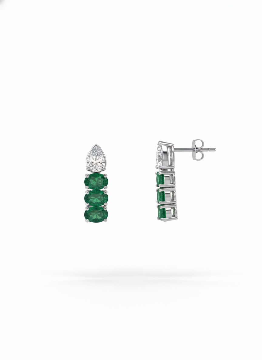 Emerald Crest Drop Earrings – 18K Rose & White Gold Rhodium Plated