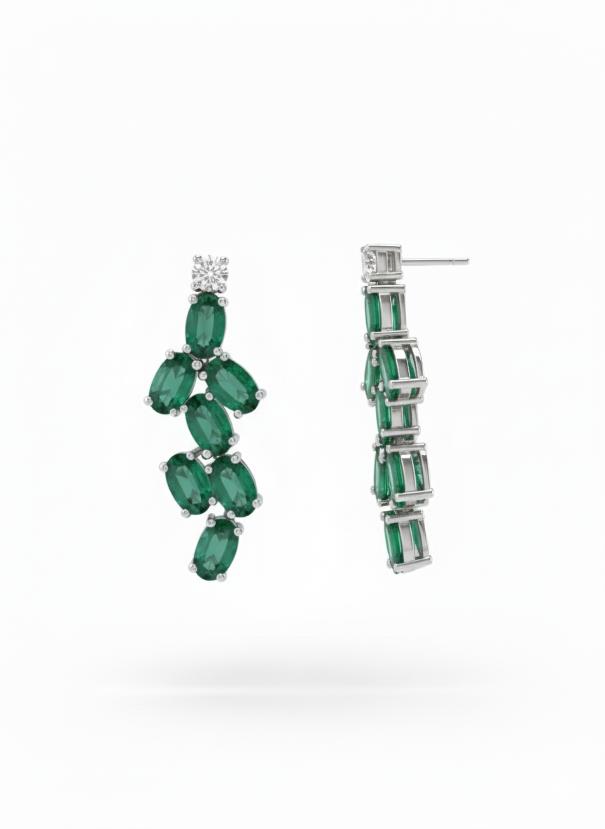 Leaffall Diamond Earrings in 18K White Gold Rhodium Finish with Emerald