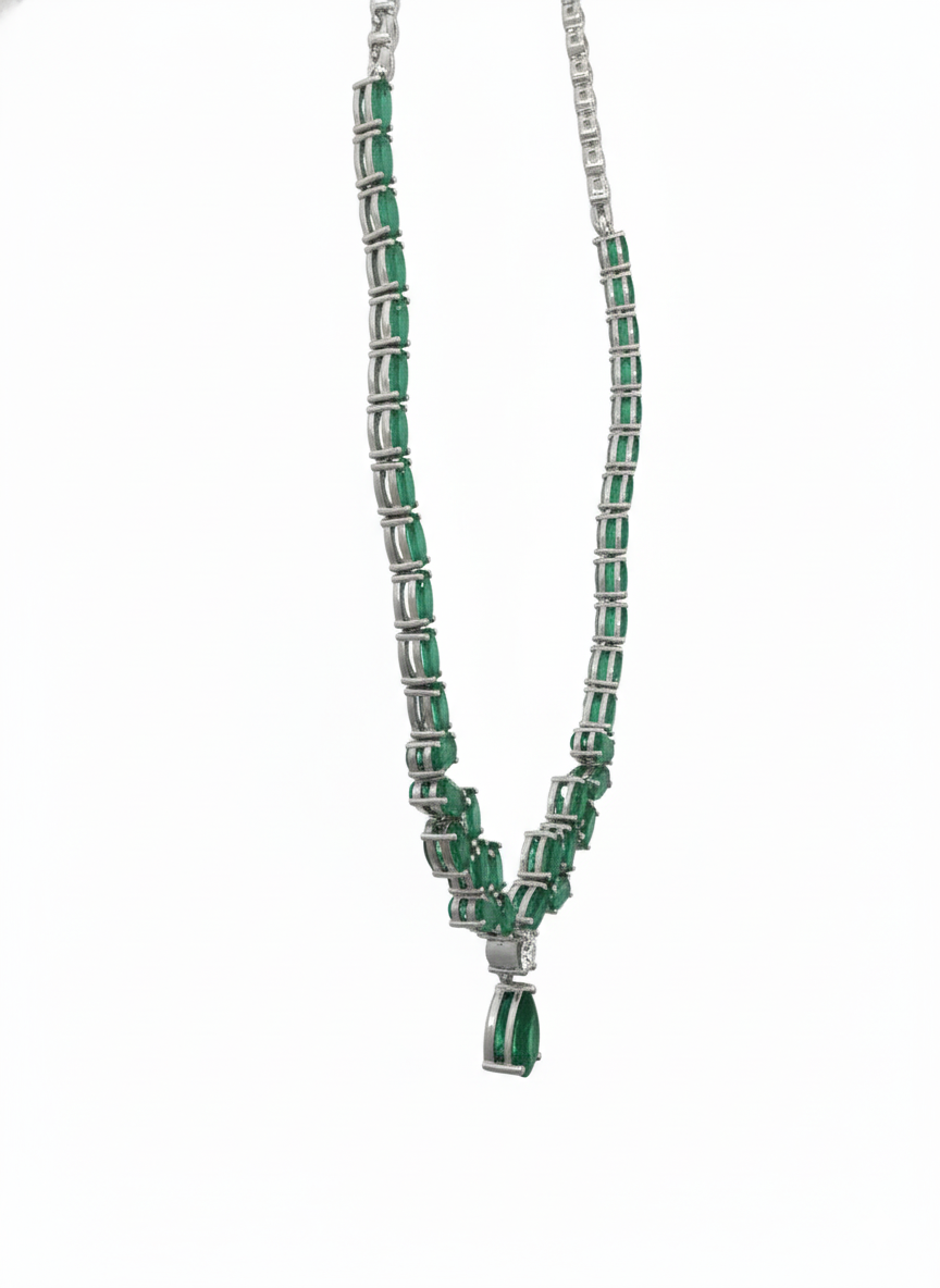 Verdana Bloom Diamond Necklace with Emeralds-18K White Gold Rhodium Plated