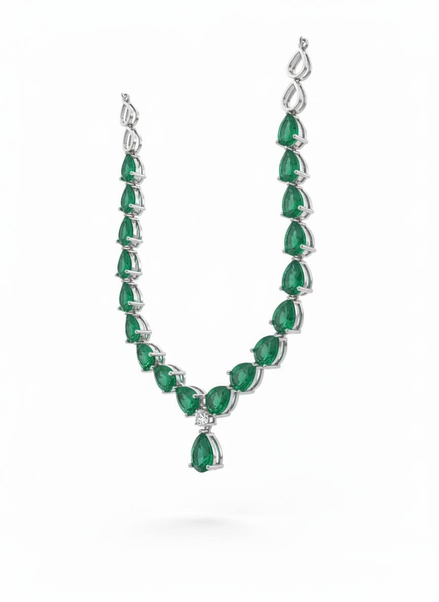 Dewdrop Dangle Emerald and Diamond Necklace -18K White Gold Rhodium Plated