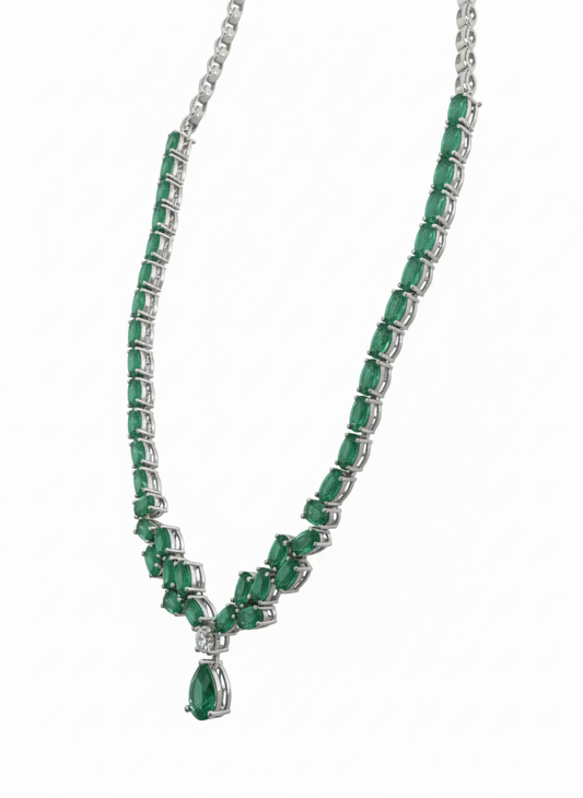 Verdana Bloom Diamond Necklace with Emeralds-18K White Gold Rhodium Plated