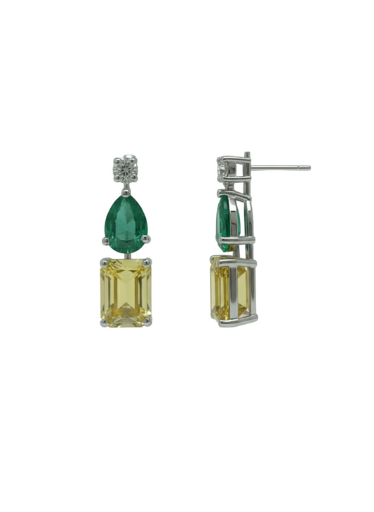 Verde Sol Diamond Earrings in - 18K White Gold Rhodium Plated with Colour Stones