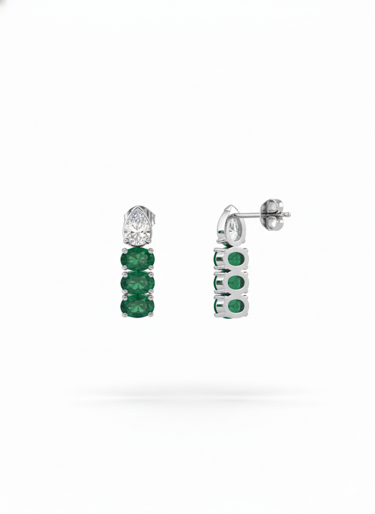 Emerald Crest Drop Earrings – 18K Rose & White Gold Rhodium Plated