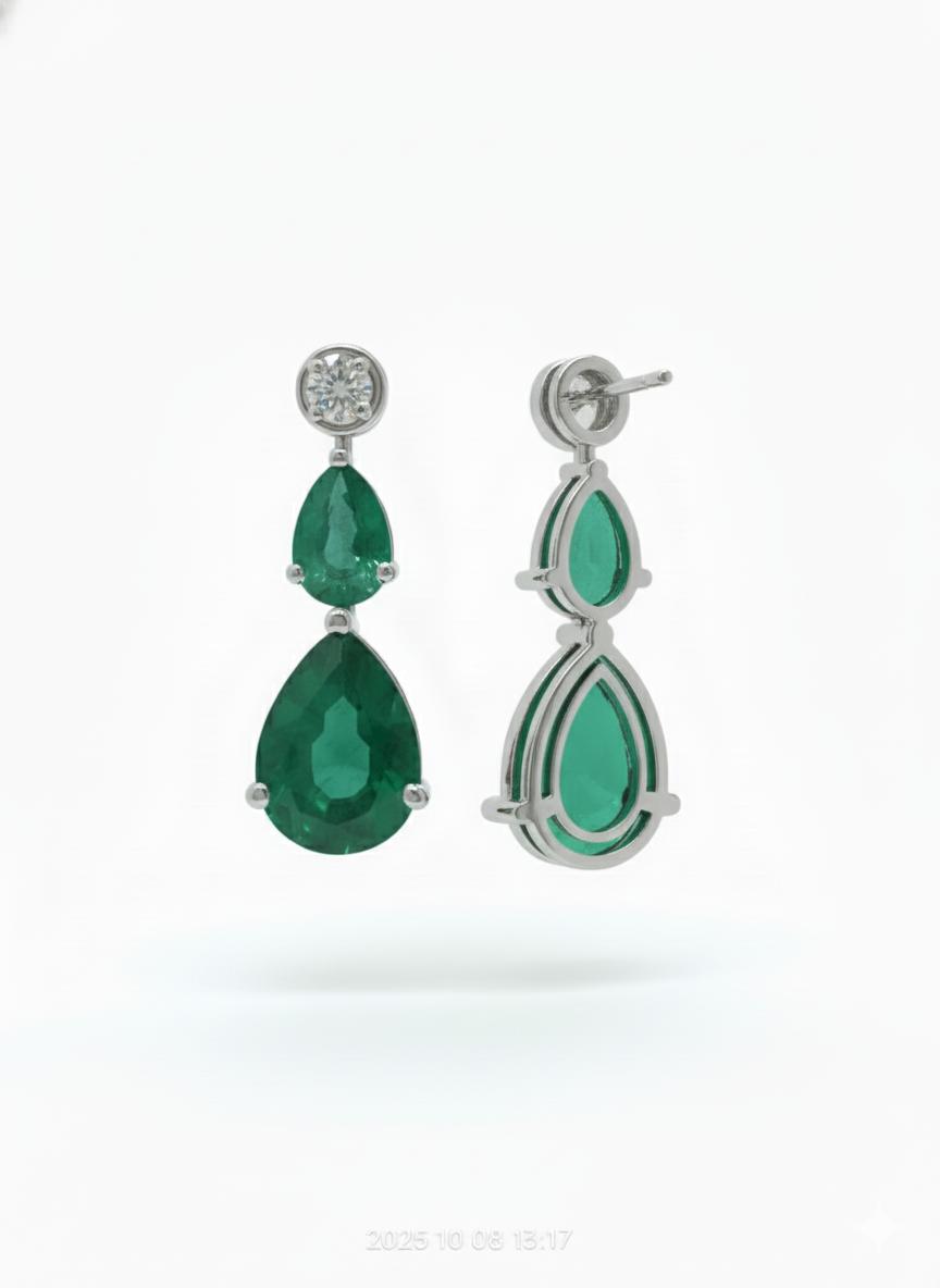 Seraphina Dual Teardrop Diamond Earrings -18K White Gold Rhodium Plated with Emerald