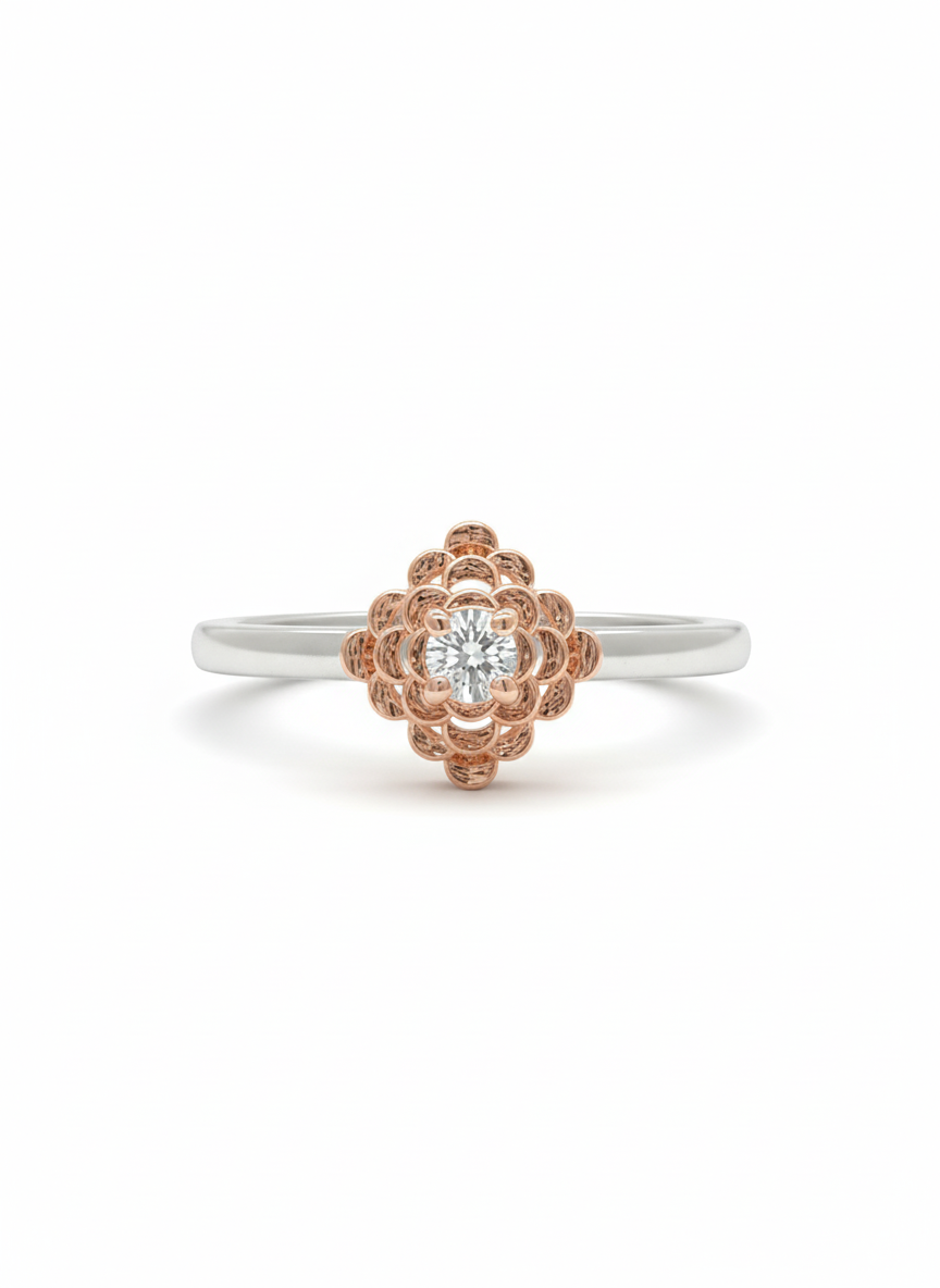 Celestia Lotus Glow – Dual-Tone Bloom Diamond Ring in 18k Rose & White Gold