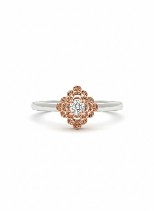 Celestia Lotus Glow – Dual-Tone Bloom Diamond Ring in 18k Rose & White Gold