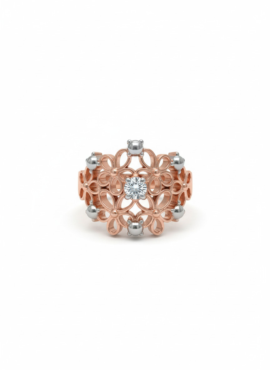 18K Rose Gold Rhodium Plated Ornate Floral Ring with Silver Accents & Lab-Grown Diamond