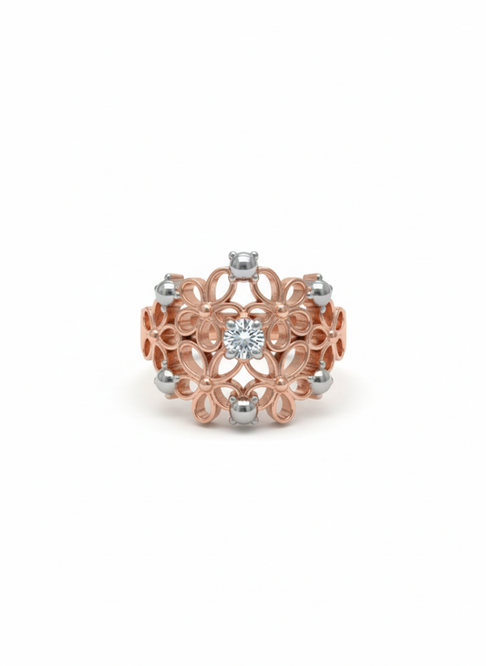 18K Rose Gold Rhodium Plated Ornate Floral Ring with Silver Accents & Lab-Grown Diamond
