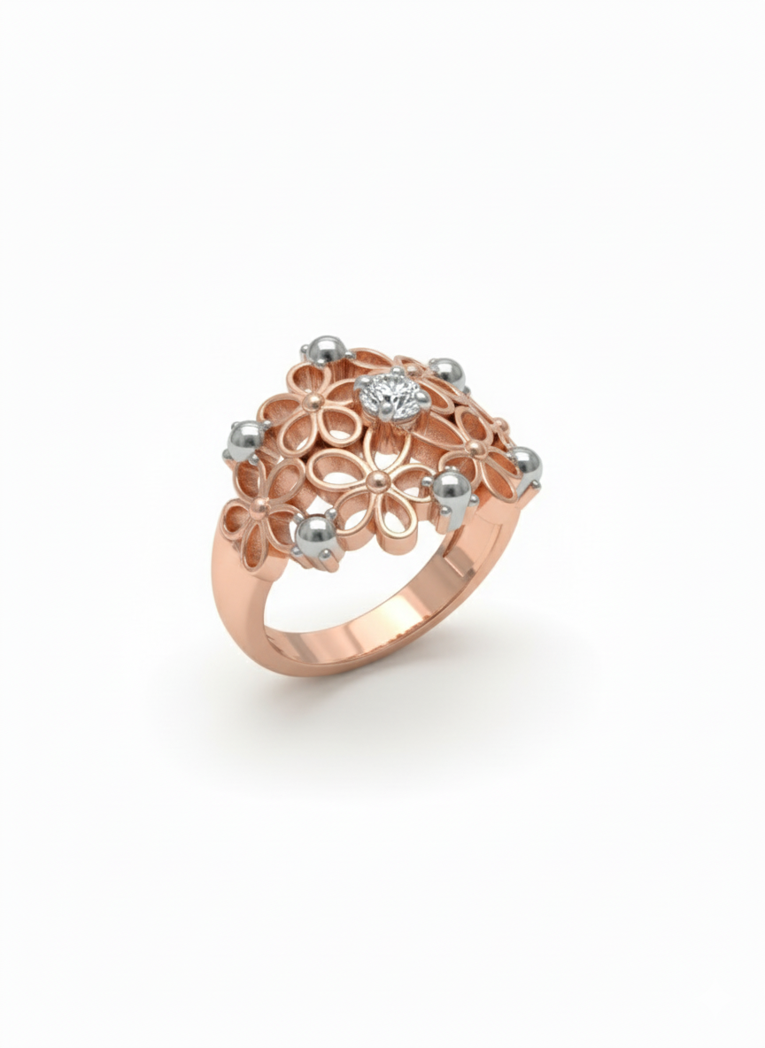 18K Rose Gold Rhodium Plated Ornate Floral Ring with Silver Accents & Lab-Grown Diamond