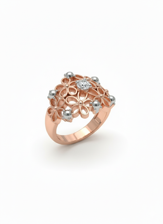 18K Rose Gold Rhodium Plated Ornate Floral Ring with Silver Accents & Lab-Grown Diamond