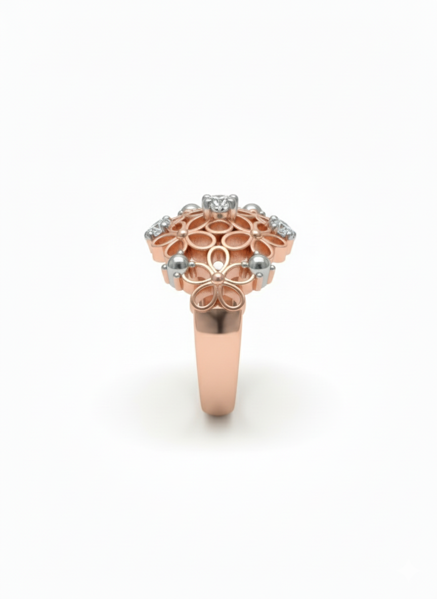 18K Rose Gold Rhodium Plated Ornate Floral Ring with Silver Accents & Lab-Grown Diamond