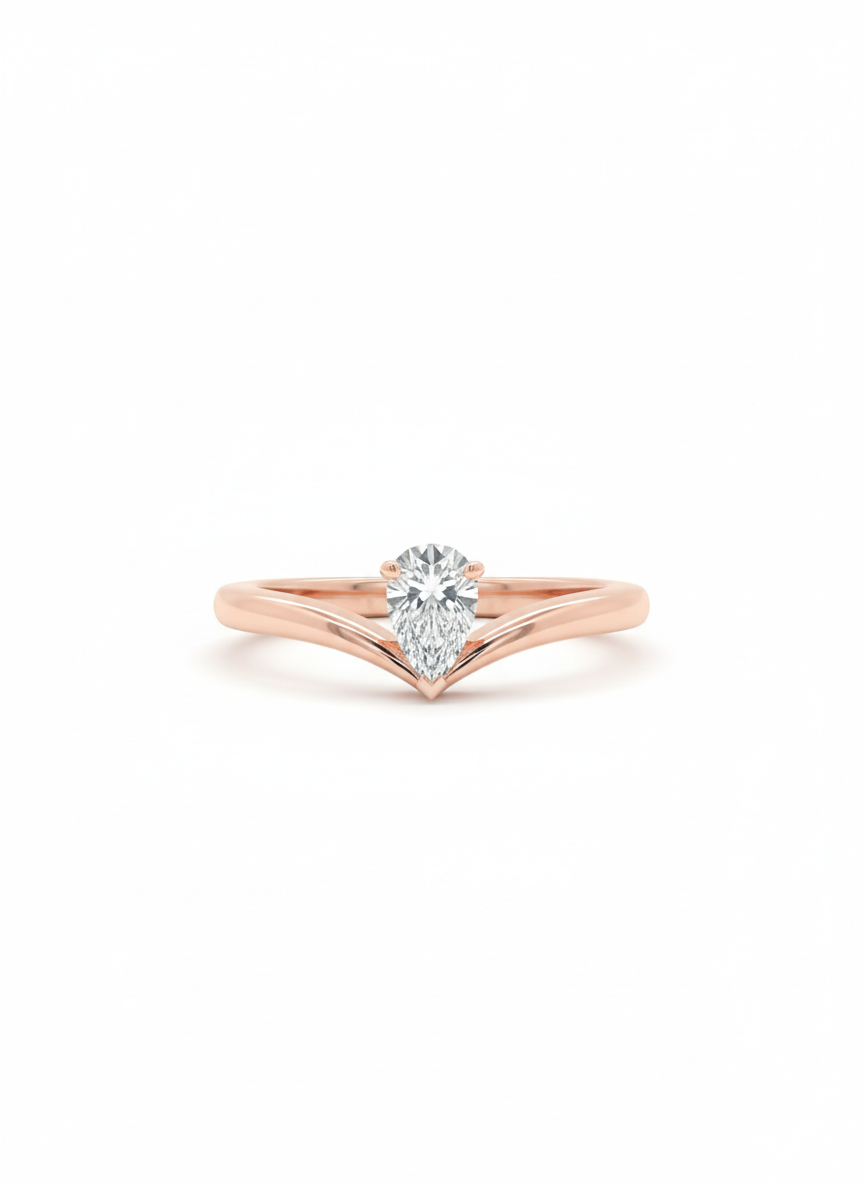 Pear V-Wishbone 18k Rose Gold Lab Diamond Ring with Rhodium Finish