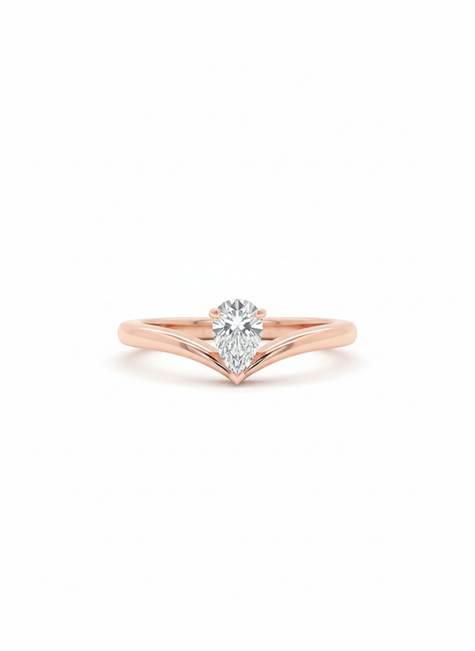 Pear V-Wishbone 18k Rose Gold Lab Diamond Ring with Rhodium Finish