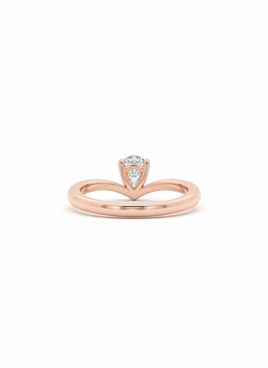 Pear V-Wishbone 18k Rose Gold Lab Diamond Ring with Rhodium Finish