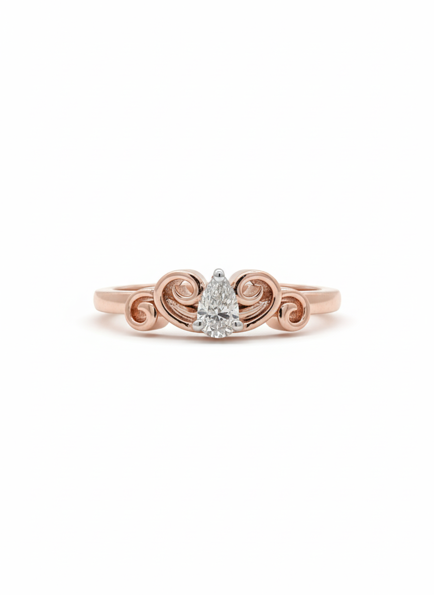 The Regal Scroll Pear Lab Diamond Ring, Crafted in 18k Rose Gold with Rhodium Detail
