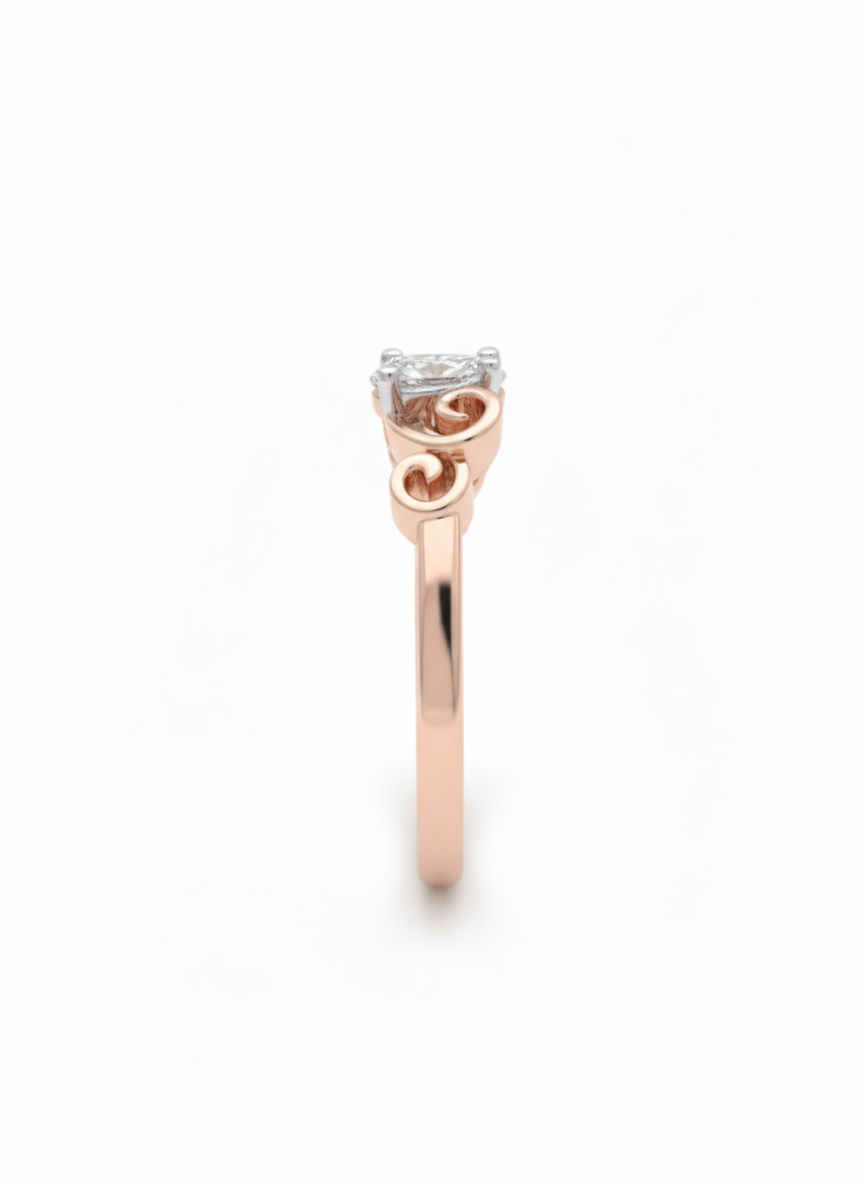The Regal Scroll Pear Lab Diamond Ring, Crafted in 18k Rose Gold with Rhodium Detail