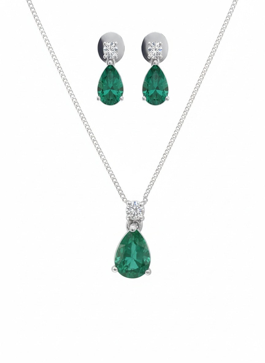 Verdant Teardrop Harmony Stone Set – 18K White Gold Rhodium Plated
