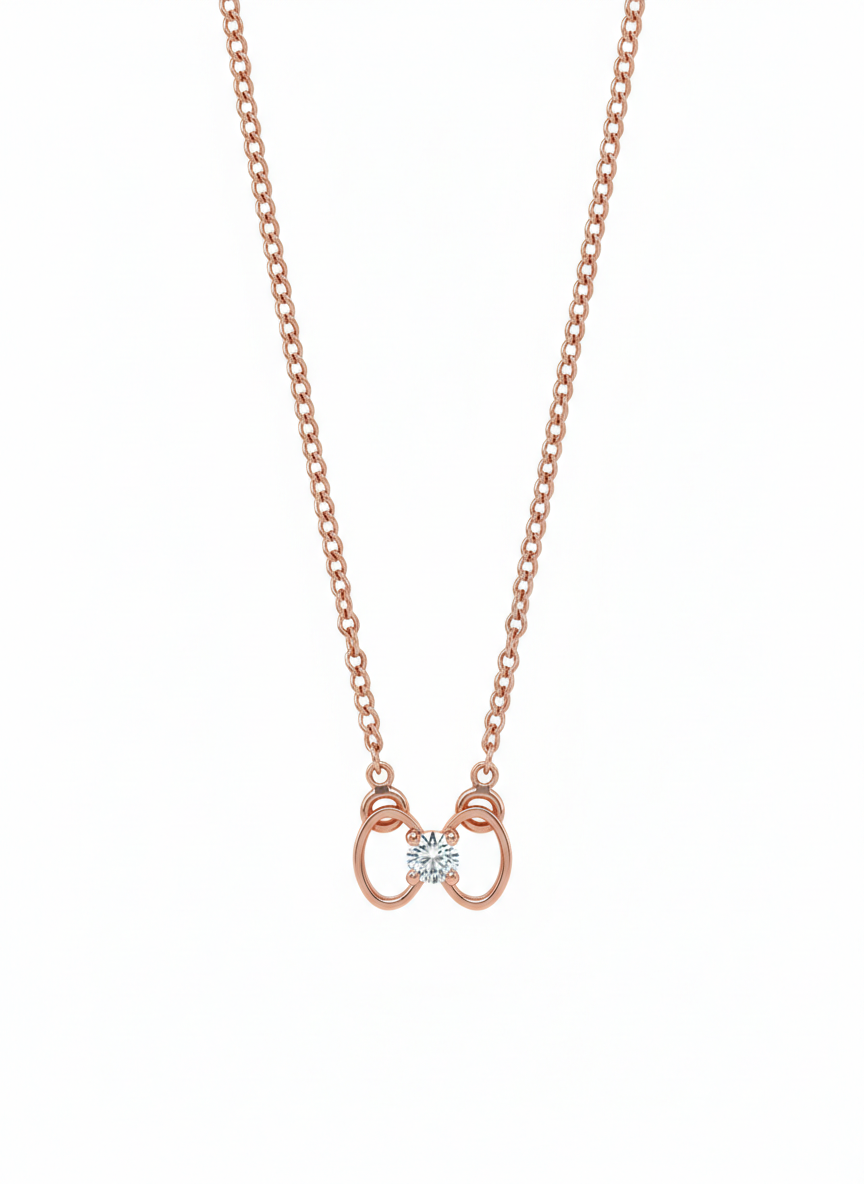 Couture Ribbon Pendant – Elegant Diamond Bow in 18K Rose Gold Rhodium Plated