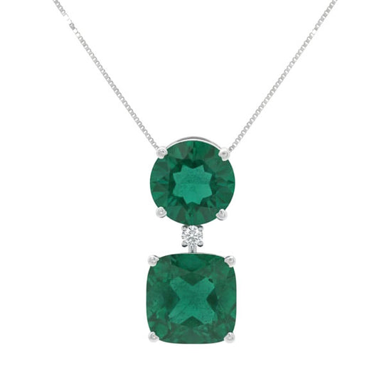 Luxe Emerald Twin Diamond Pendant with Chain - 18K White Gold Rhodium Plated