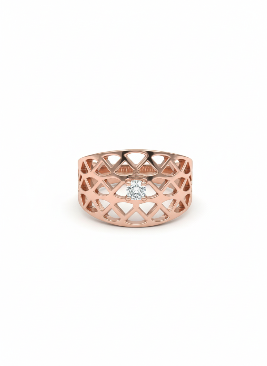 18K Rose Gold Modern Tri-Pattern Wide Ring with Lab-Created Diamond