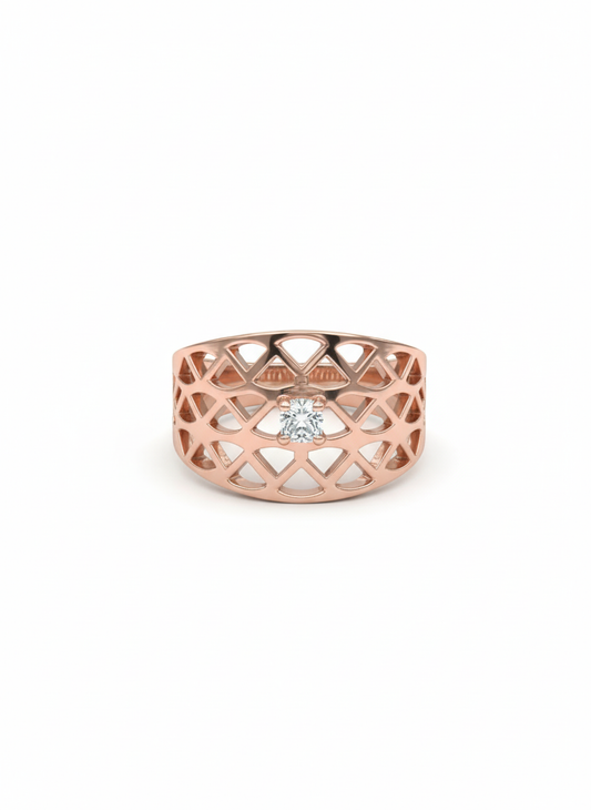 18K Rose Gold Modern Tri-Pattern Wide Ring with Lab-Created Diamond