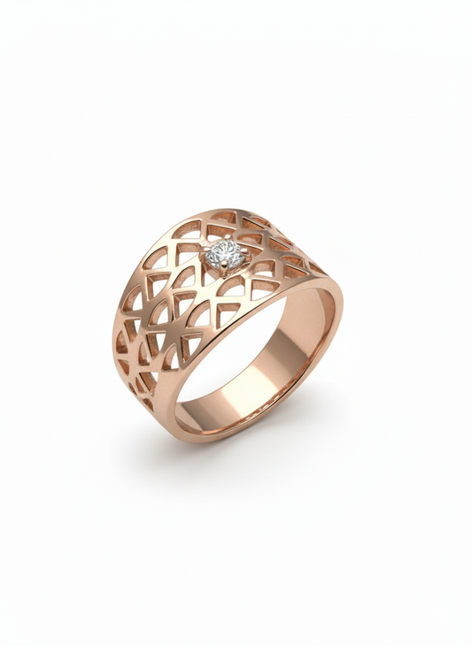 18K Rose Gold Modern Tri-Pattern Wide Ring with Lab-Created Diamond