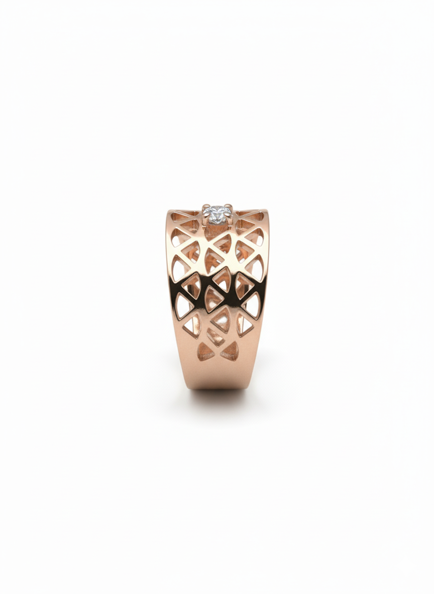 18K Rose Gold Modern Tri-Pattern Wide Ring with Lab-Created Diamond
