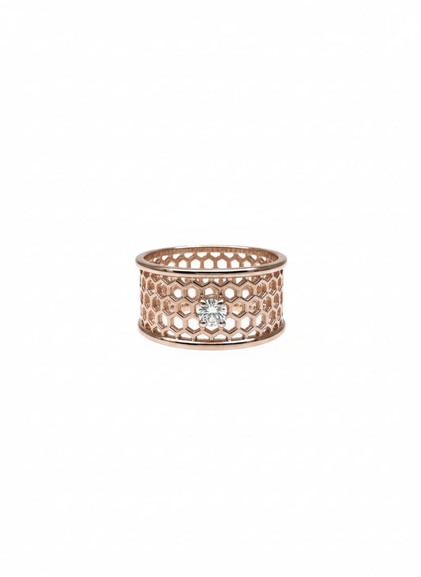 Modern Hive 18K Rose Gold Designer Ring with Lab-Grown Solitaire
