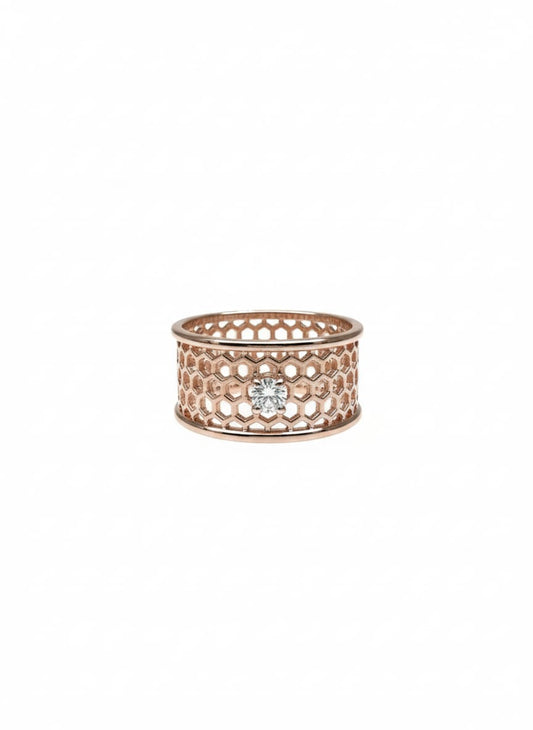 Modern Hive 18K Rose Gold Designer Ring with Lab-Grown Solitaire