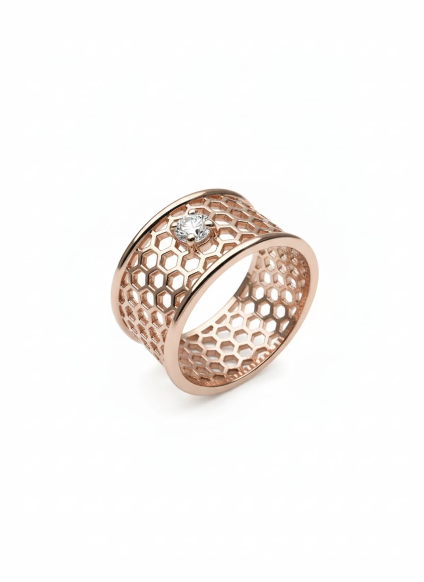 Modern Hive 18K Rose Gold Designer Ring with Lab-Grown Solitaire
