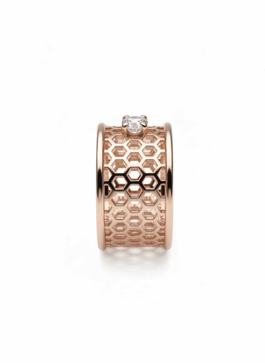 Modern Hive 18K Rose Gold Designer Ring with Lab-Grown Solitaire