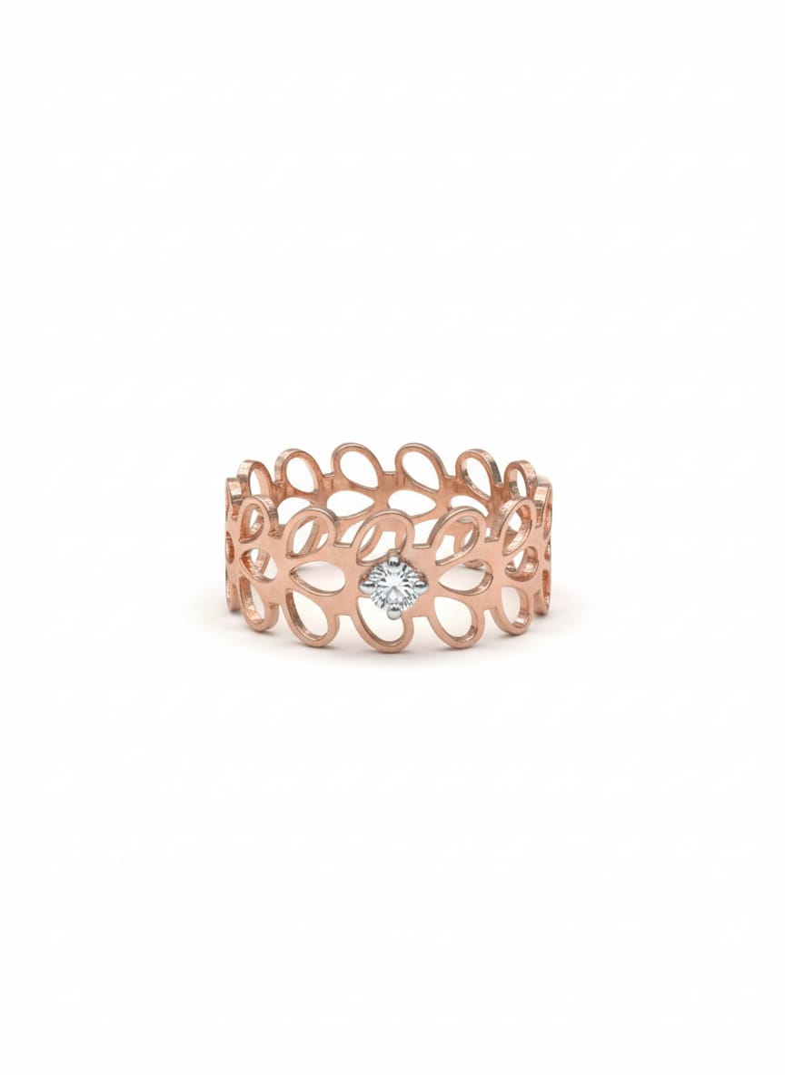 18K Rose Gold Rhodium Plated Floral Lace Band Adorned with a Lab Grown Diamond