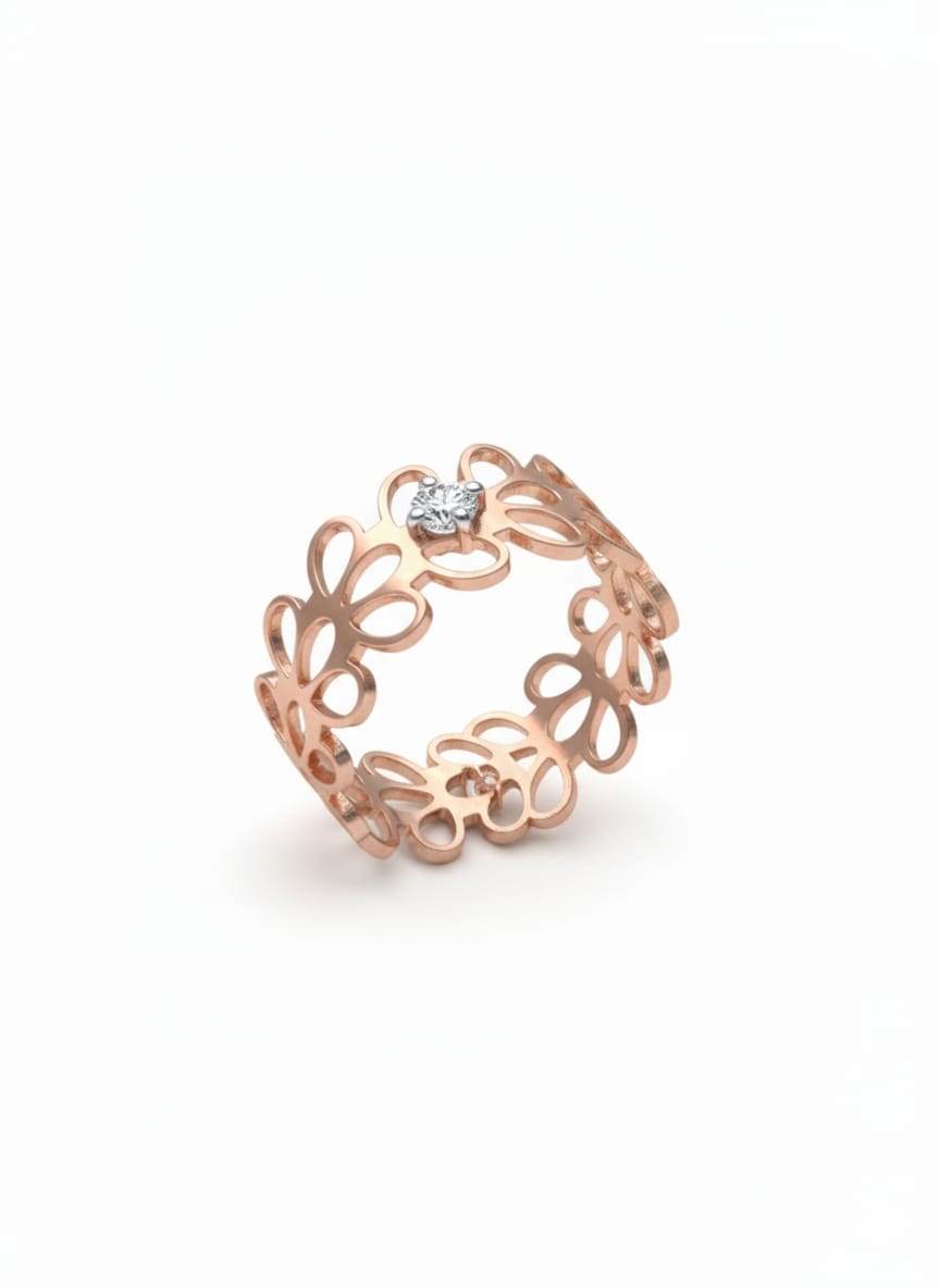 18K Rose Gold Rhodium Plated Floral Lace Band Adorned with a Lab Grown Diamond