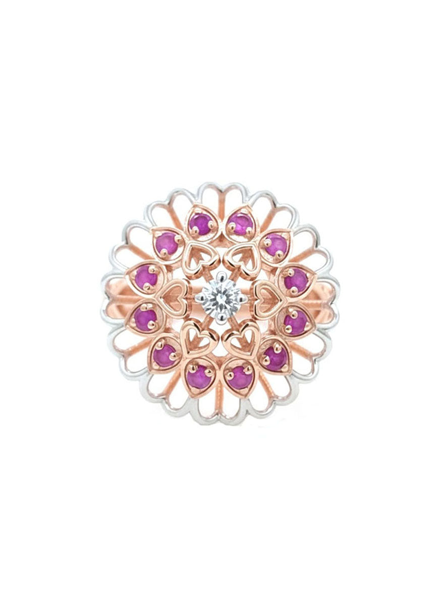 Ornate Roselle Stone Ring – 18K White Gold Rhodium Plated