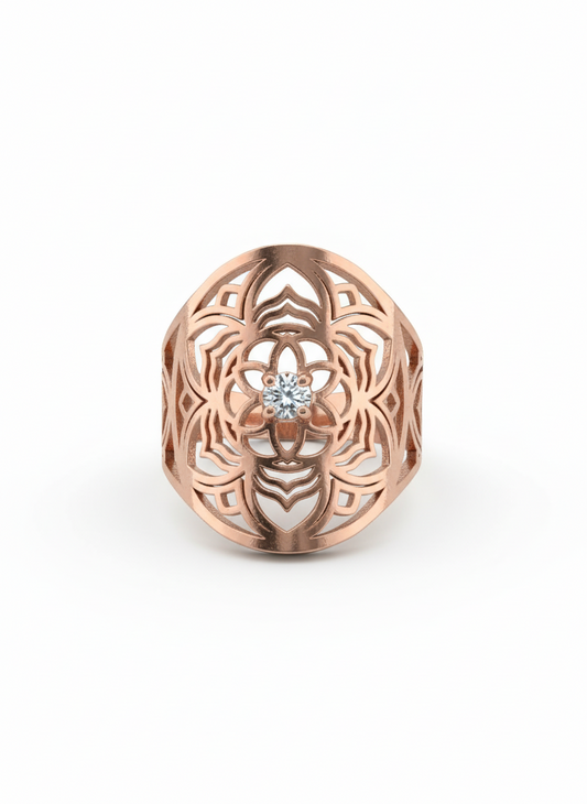 Ornate Blossom 18k Rose Gold Rhodium Plated Lab-Grown Diamond Ring