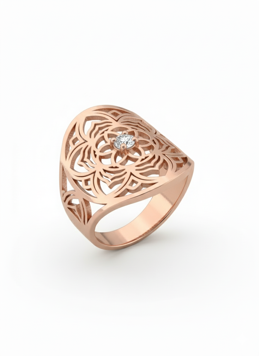 Ornate Blossom 18k Rose Gold Rhodium Plated Lab-Grown Diamond Ring
