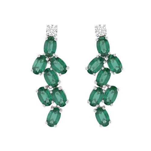 Leaffall Diamond Earrings in 18K White Gold Rhodium Finish with Emerald