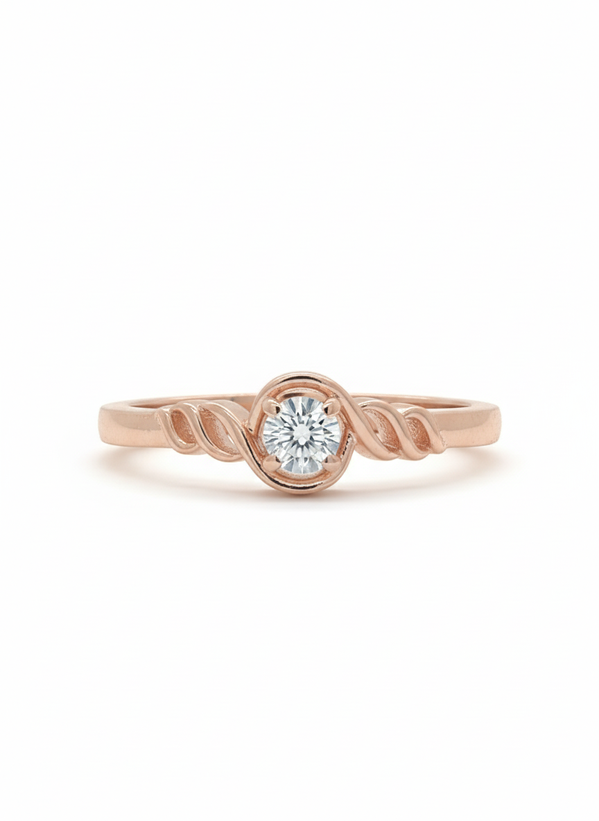 Artistic Swirl Solitaire Diamond Ring: 18k rose gold rhodium plated
