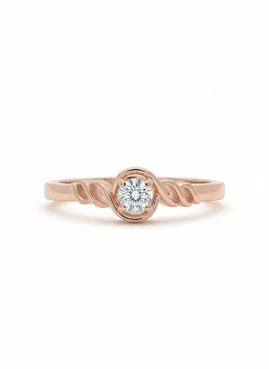Artistic Swirl Solitaire Diamond Ring: 18k rose gold rhodium plated
