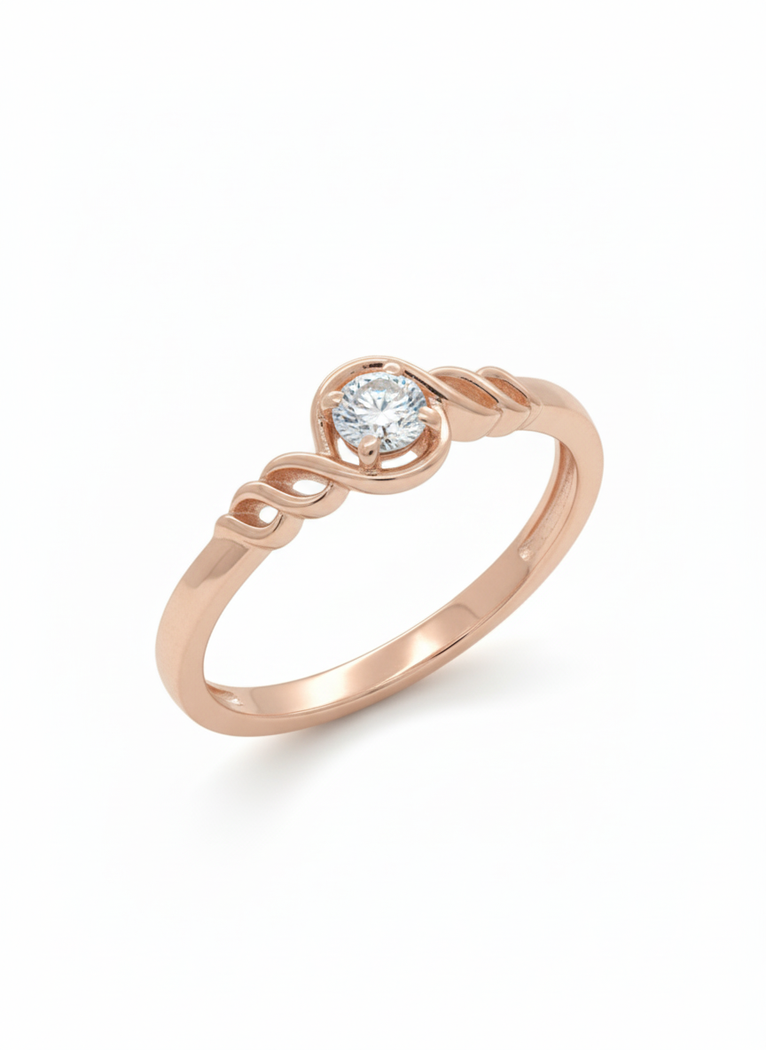 Artistic Swirl Solitaire Diamond Ring: 18k rose gold rhodium plated