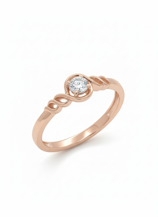 Artistic Swirl Solitaire Diamond Ring: 18k rose gold rhodium plated