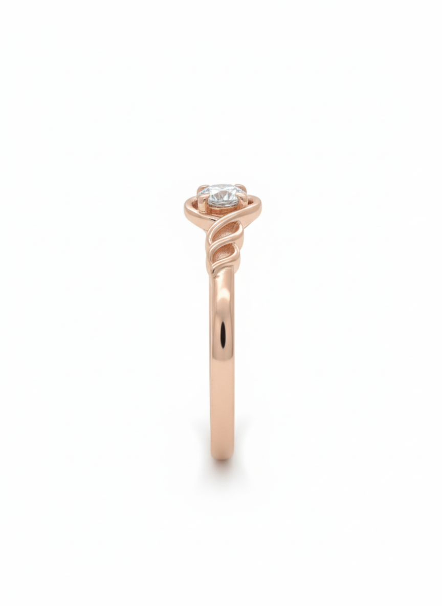 Artistic Swirl Solitaire Diamond Ring: 18k rose gold rhodium plated